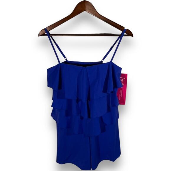 Fit 4 U Romper Swimsuit Tiered Ruffle Cobalt Blue Size 10 Resort Summer Beachy - Picture 2 of 9